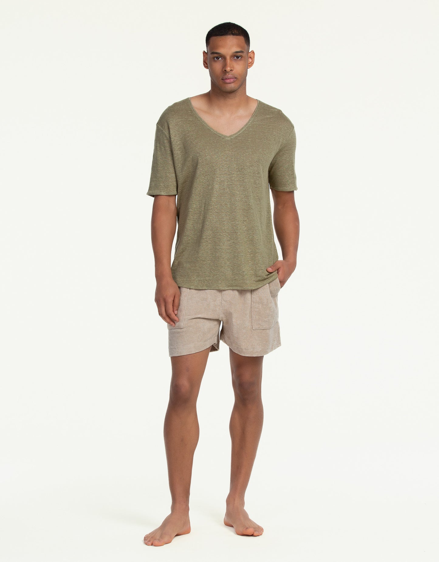 V-NECK PURE LINEN OLIVE